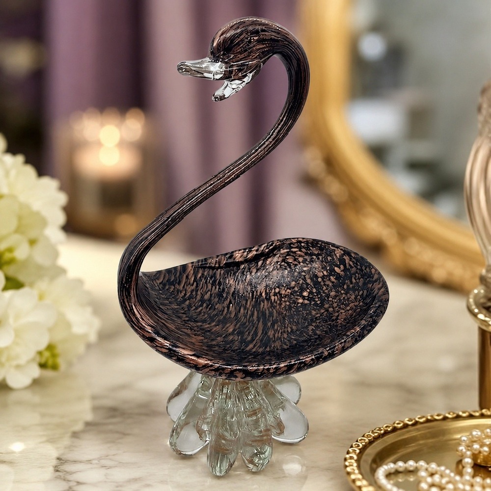 Vintage Murano Style Art Glass Swan Candy Dish Copper Aventurine Pedestal Bowl